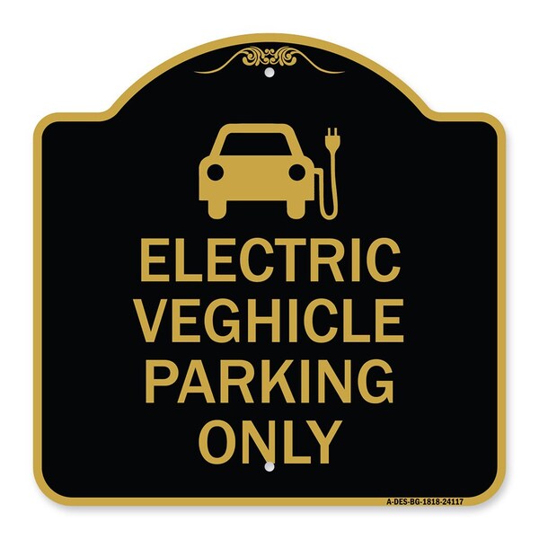 Electric Vehicle Parking W/ Graphic, Black & Gold Aluminum Sign, 18" x 18", BG-1818-24117